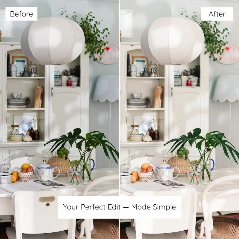 Before and after home interior edited with Bright & Airy Lightroom presets creating luminous whites and a fresh airy aesthetic