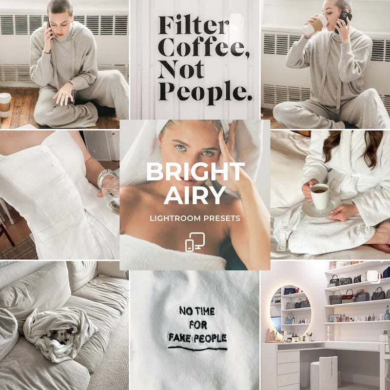 Bright & Airy Lightroom presets cover showing soft white tones, luminous portraits, lifestyle photography, and clean neutral edits