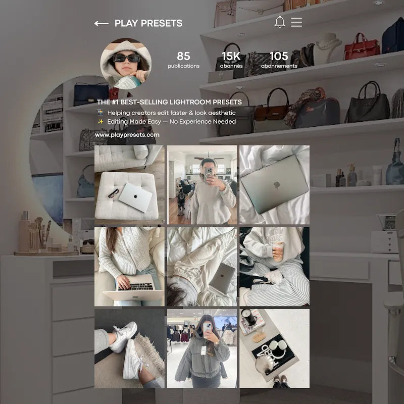 Instagram feed preview edited with Bright & Airy Lightroom presets showing cohesive soft whites, neutral tones, and luminous imagery