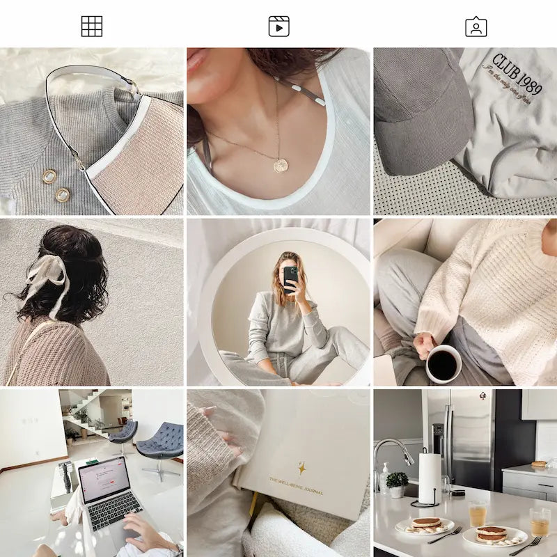 Photo grid preview edited with Bright & Airy Lightroom presets showing consistent airy tones across lifestyle and interior photos