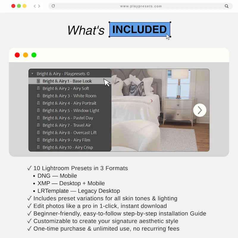 What’s included in Bright & Airy Lightroom presets collection showing 10 presets and files for mobile and desktop
