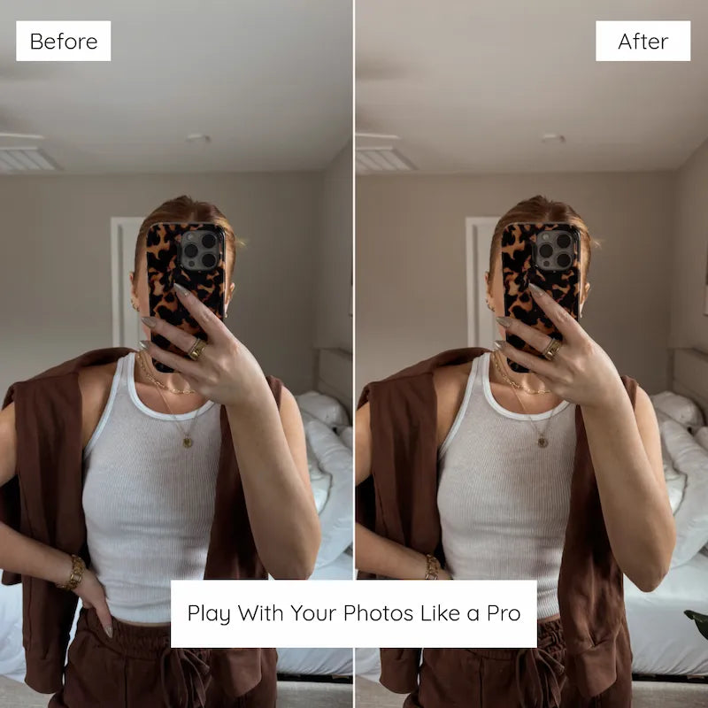 Before and after mirror selfie edited with Brown Lightroom presets featuring cocoa tones, warm skin tones, and deep balanced shadows