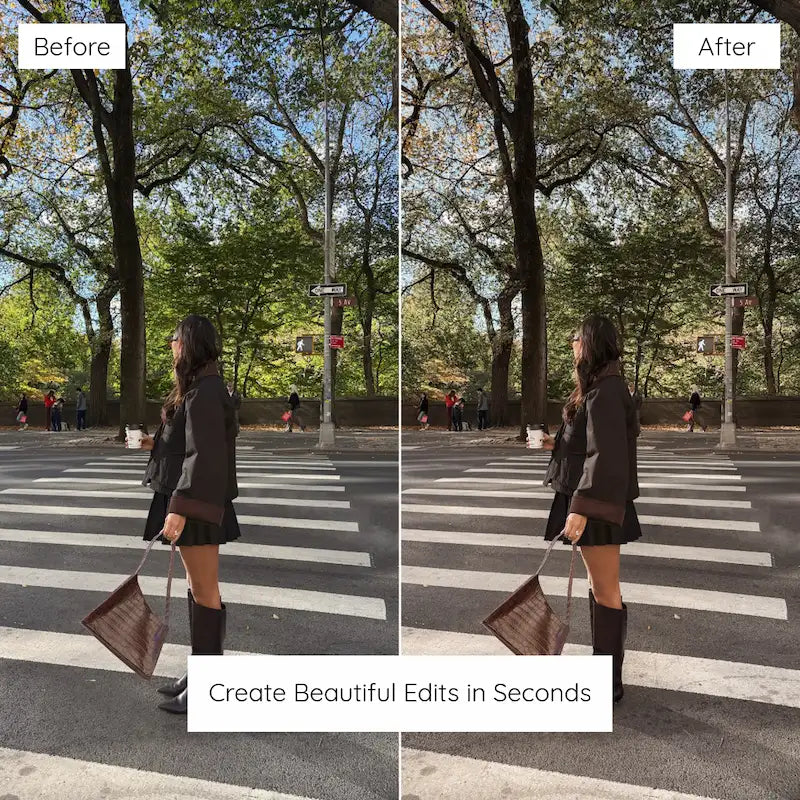 Before and after street style photo edited with Brown Lightroom presets showing warm neutrals, rich earthy color, and polished vintage depth