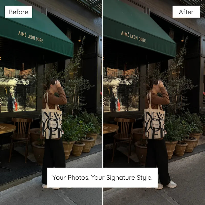 Before and after café lifestyle photo edited with Brown Lightroom presets featuring deep brown tones, warm shadows, and soft editorial contrast