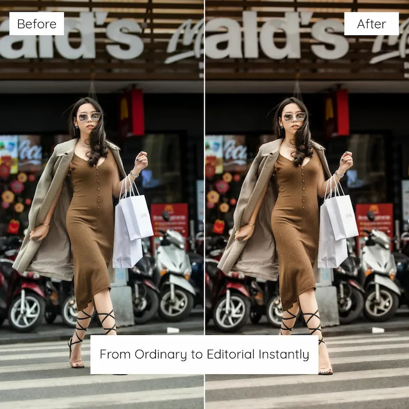 Before and after fashion street photo edited with Brown Lightroom presets showing rich cocoa tones, warm neutrals, and vintage editorial color