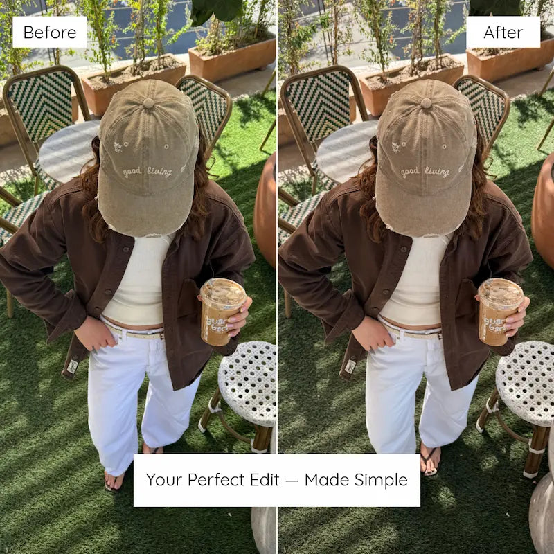 Before and after outdoor lifestyle photo edited with Brown Lightroom presets featuring warm brown tones, natural skin, and rich earthy contrast