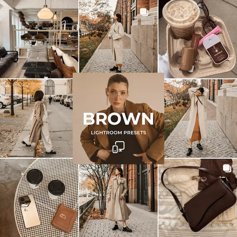 Brown Lightroom presets cover showing fashion and lifestyle photos with rich cocoa tones, warm neutrals, and vintage depth