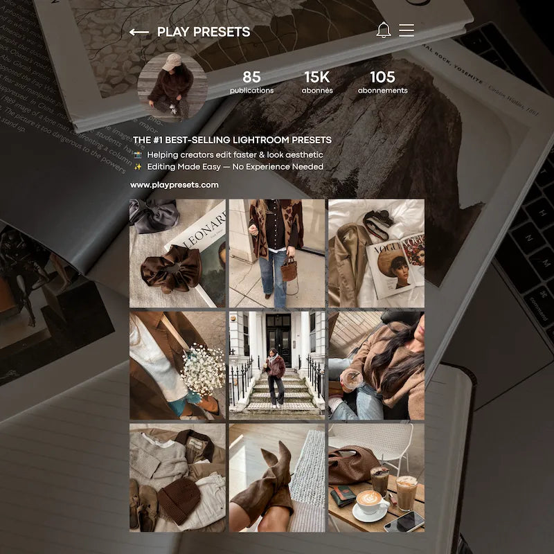 Instagram feed preview edited with Brown Lightroom presets showing cohesive cocoa tones, warm neutrals, and vintage-inspired lifestyle photography