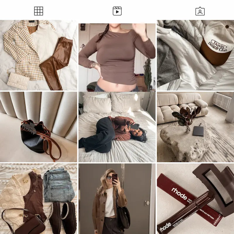 Photo grid preview edited with Brown Lightroom presets showing rich browns, warm neutrals, cozy lifestyle scenes, and vintage color