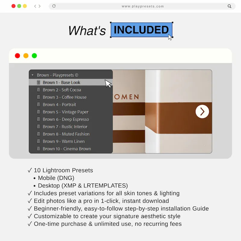 What’s included in Brown Lightroom presets collection showing 10 presets and files for mobile and desktop
