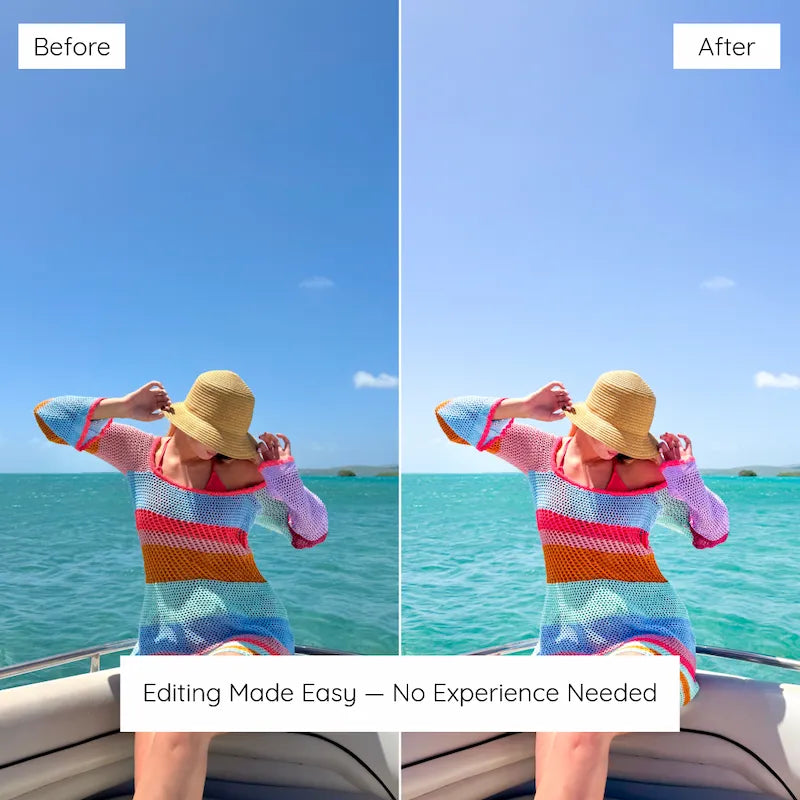 Before and after poolside photo edited with California Lightroom presets showing pastel blues, soft pinks, and bright sun-drenched light