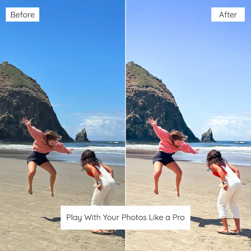 Before and after beach lifestyle photo edited with California Lightroom presets featuring bright coastal blues, warm summer tones, and clean highlights