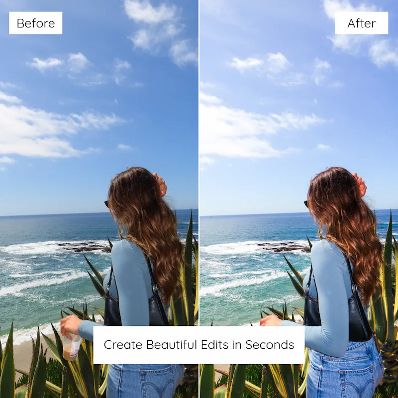 Before and after coastal portrait edited with California Lightroom presets showing pastel blue skies, soft color, and bright natural light
