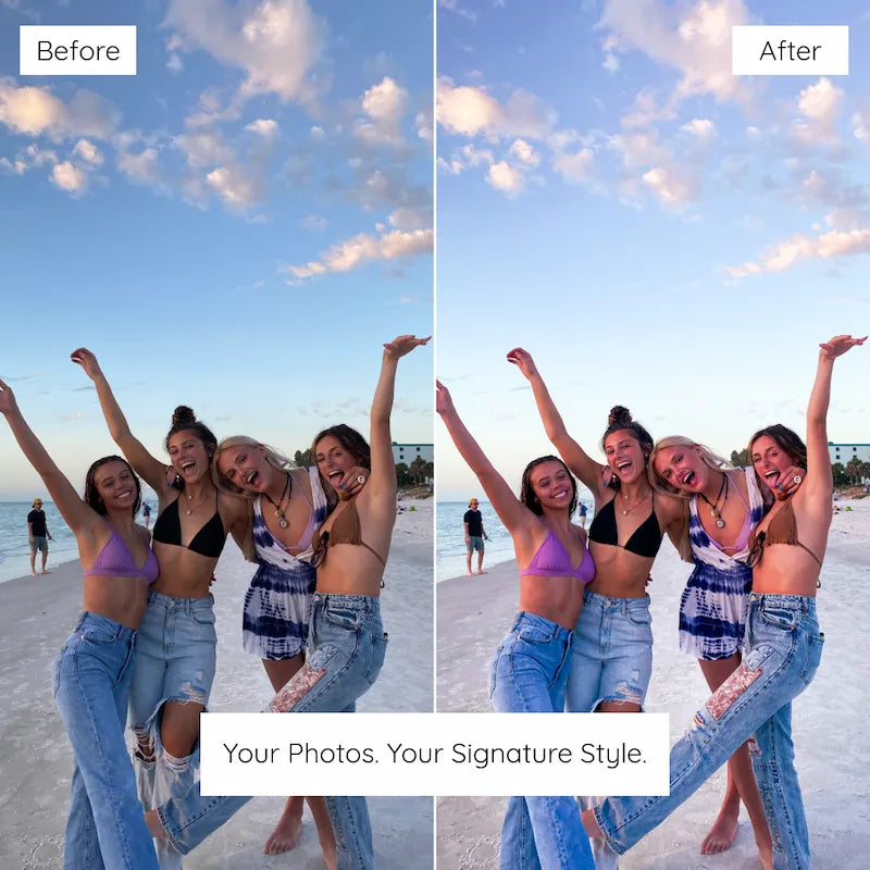 Before and after beach group photo edited with California Lightroom presets featuring warm skin tones, pastel color, and vibrant summer light