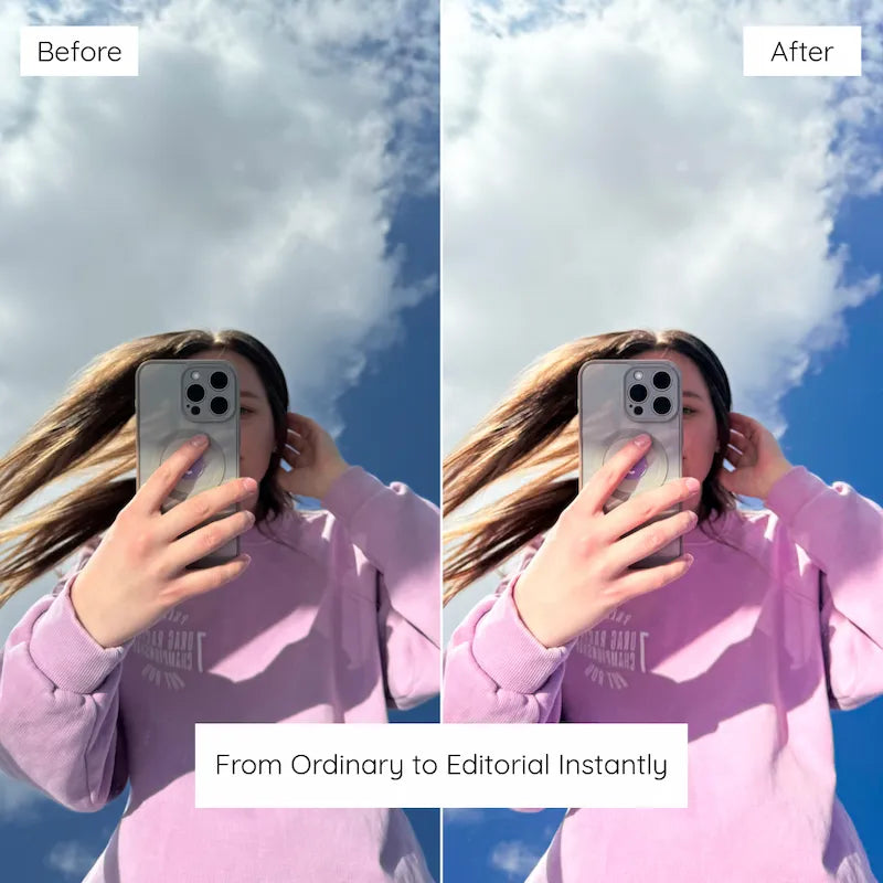 Before and after outdoor selfie edited with California Lightroom presets showing soft pink tones, bright blue skies, and warm sunlit color
