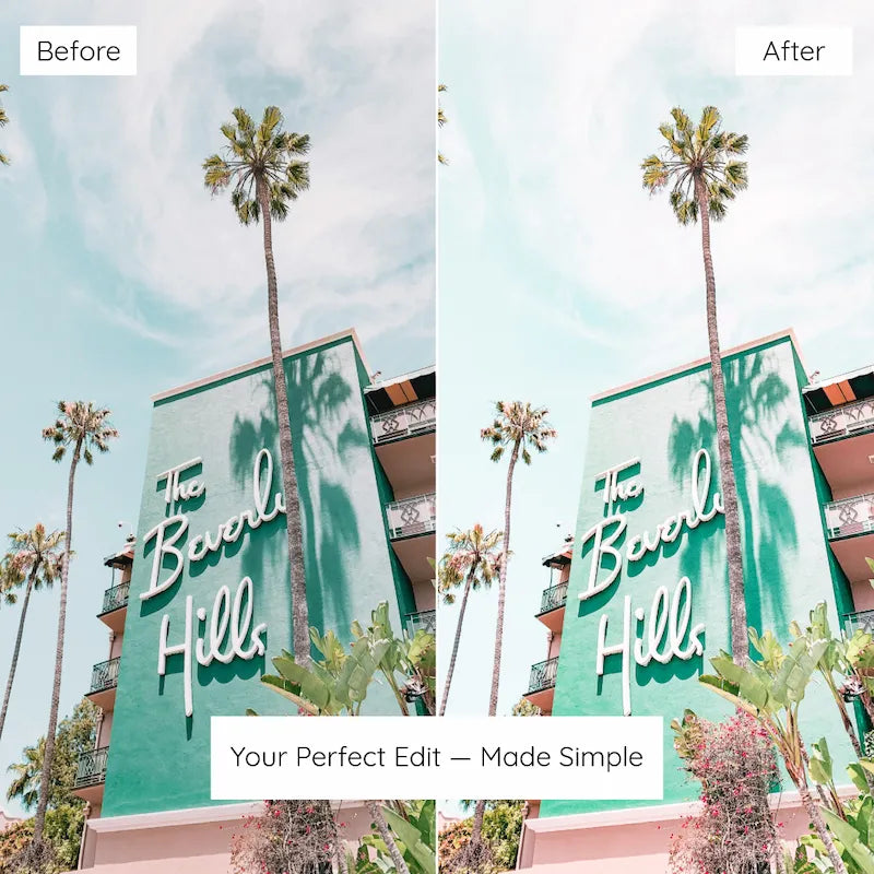 Before and after California street photo edited with California Lightroom presets featuring pastel turquoise tones, palm trees, and bright summer color