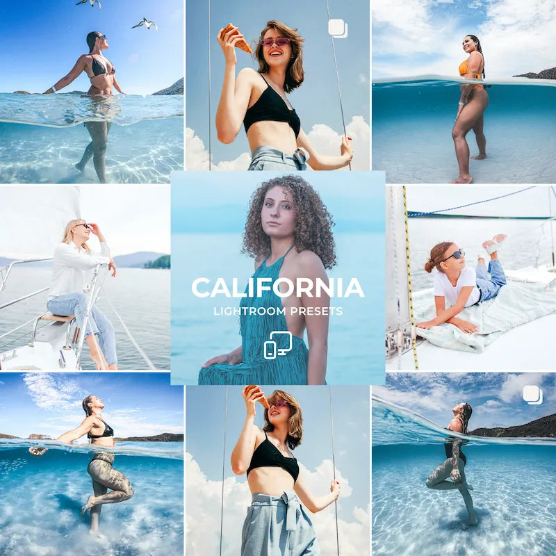 California Lightroom presets cover showing beach and summer photos with pastel blues, soft pinks, and sun-drenched tones