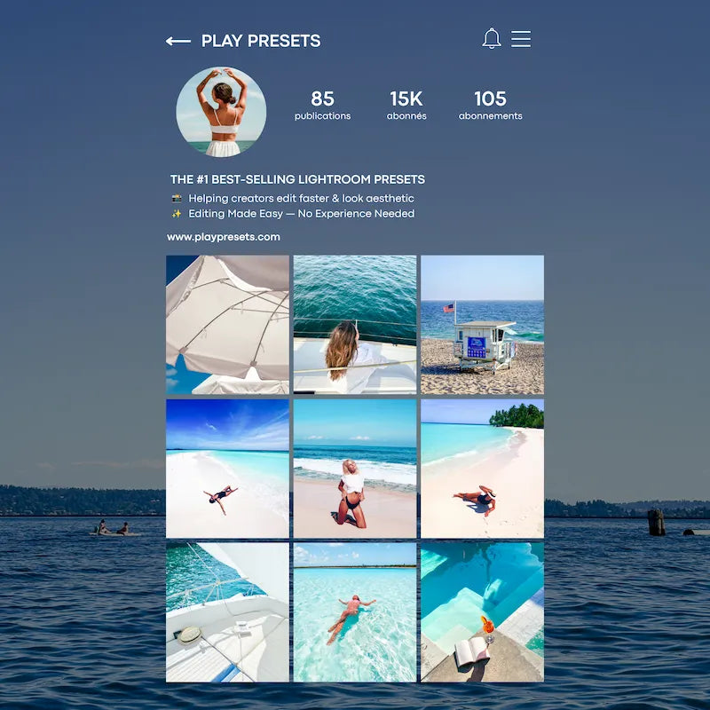 Instagram feed preview edited with California Lightroom presets showing cohesive beach, travel, and summer lifestyle photography