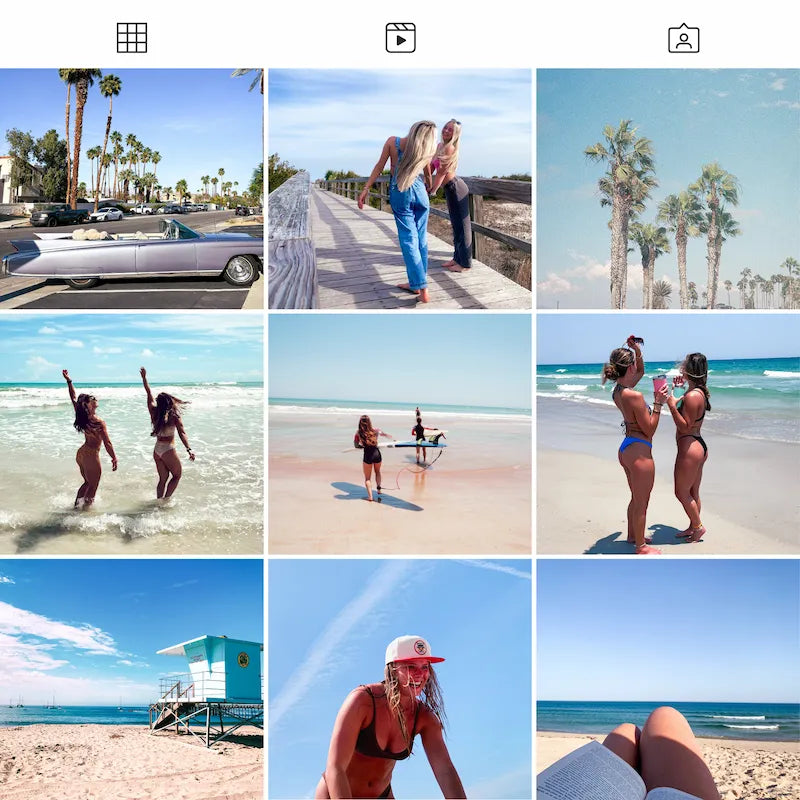 Photo grid preview edited with California Lightroom presets showing beaches, palm trees, summer portraits, and pastel coastal tones