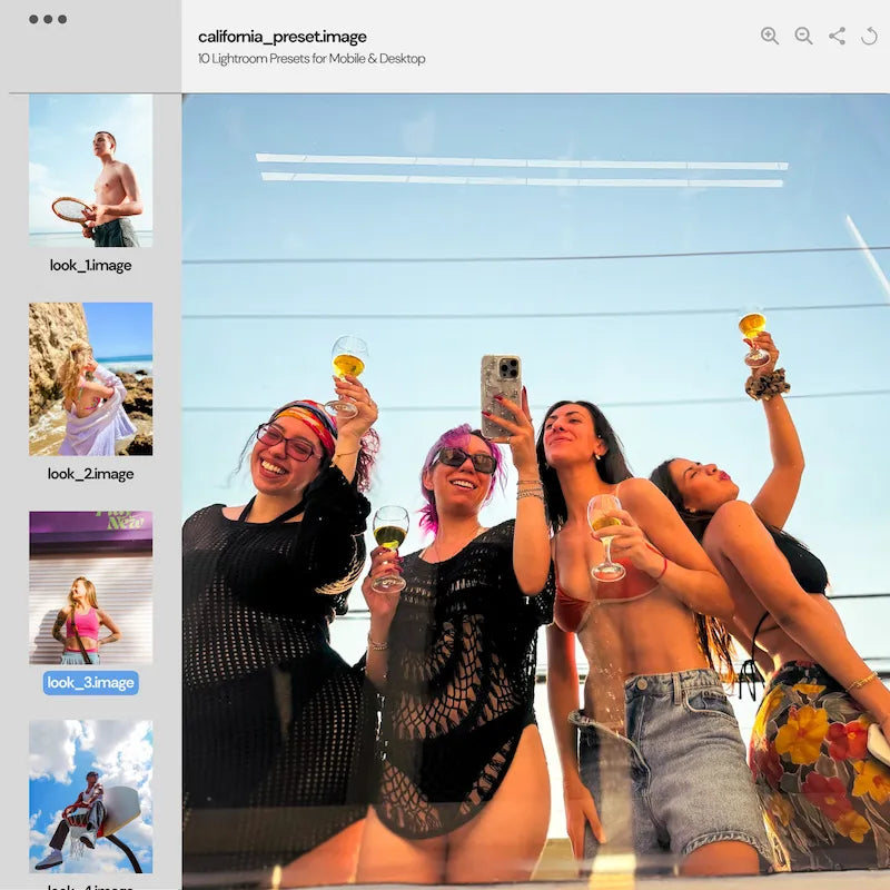 California Lightroom preset variations preview showing summer lifestyle photos with pastel blues, warm light, and vibrant coastal color