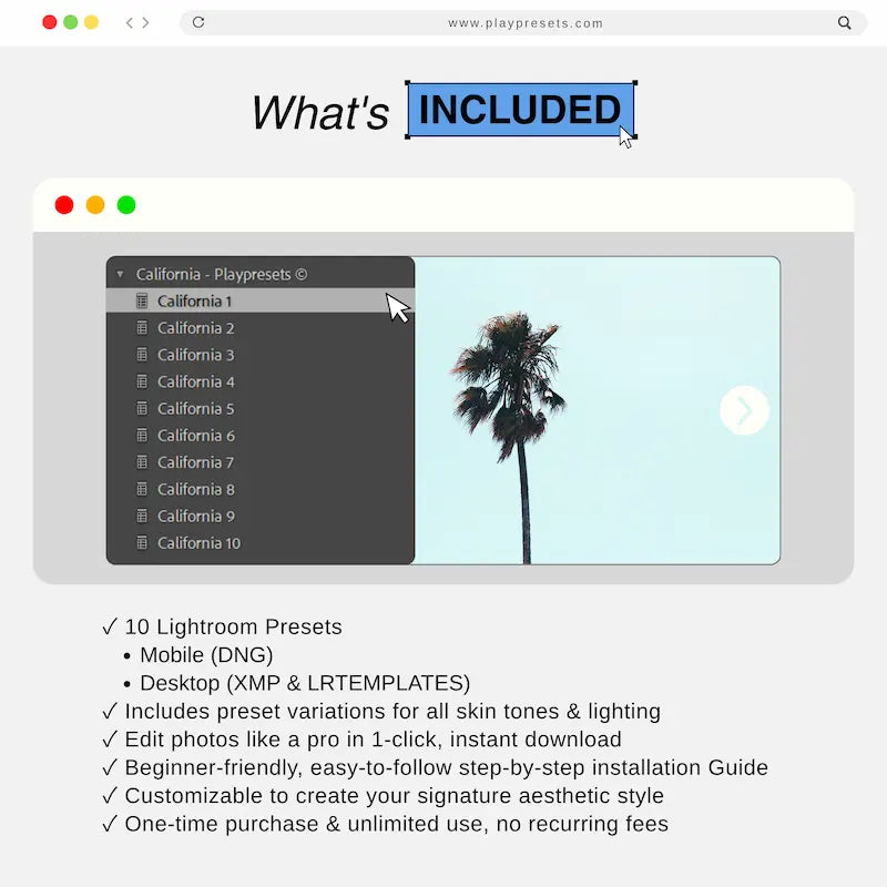 What’s included in California Lightroom presets collection showing 10 presets and files for mobile and desktop