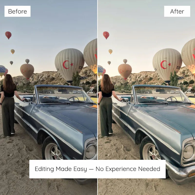 Before and after travel photo edited with Cappadocia Lightroom presets showing warm orange tones and soft cinematic sunrise color