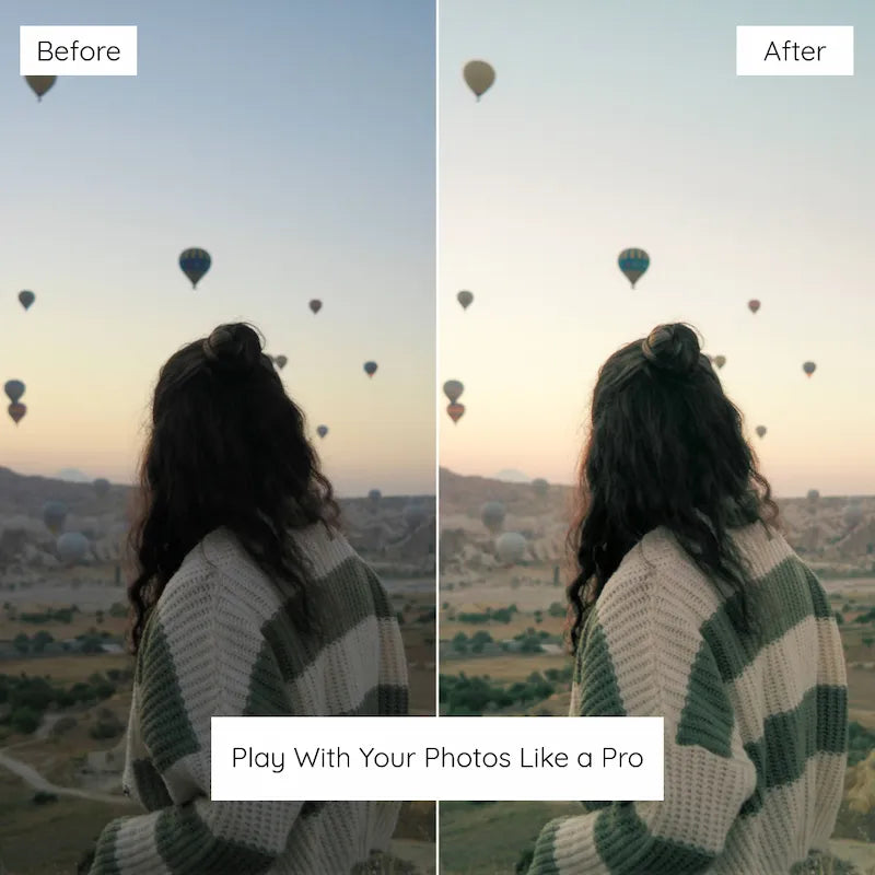 Before and after outdoor portrait edited with Cappadocia Lightroom presets featuring teal contrast and dreamy travel tones