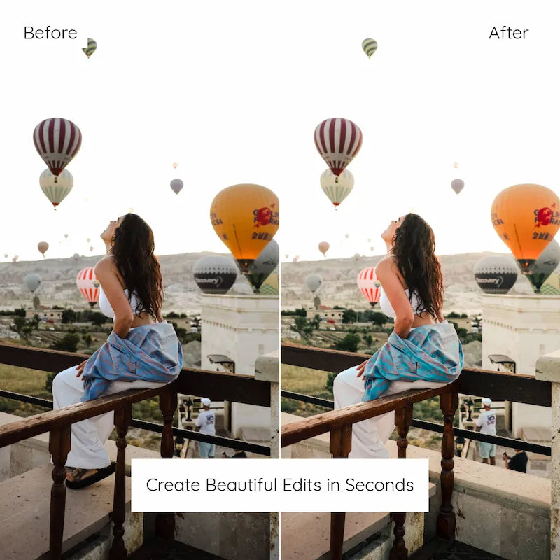Before and after balcony portrait edited with Cappadocia Lightroom presets showing warm highlights and cinematic balloon scenery