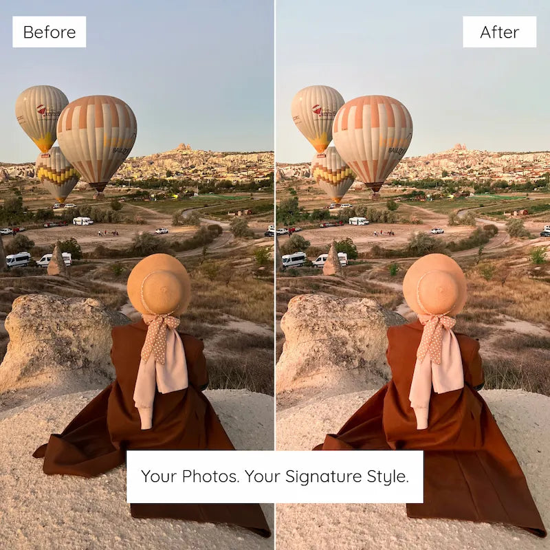 Before and after landscape portrait edited with Cappadocia Lightroom presets featuring soft orange tones and polished travel color