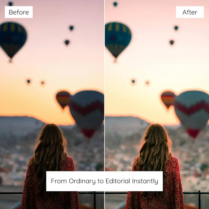 Before and after sunrise photo edited with Cappadocia Lightroom presets showing dreamy highlights and warm cinematic depth