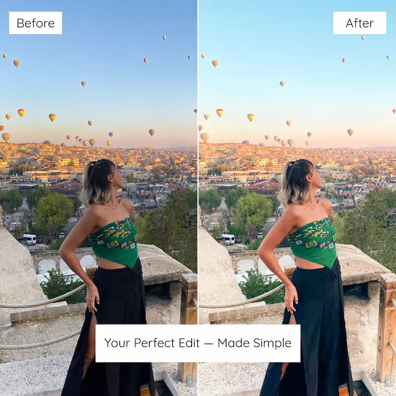 Before and after travel portrait edited with Cappadocia Lightroom presets featuring balanced teal tones and bright destination color