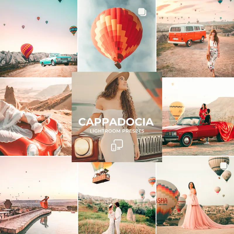 Cappadocia Lightroom presets cover showing warm orange tones, teal contrast, and dreamy travel photography