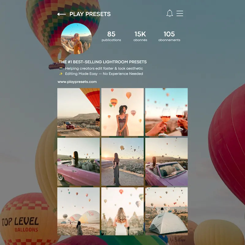 Instagram feed preview edited with Cappadocia Lightroom presets showing a cohesive cinematic travel aesthetic