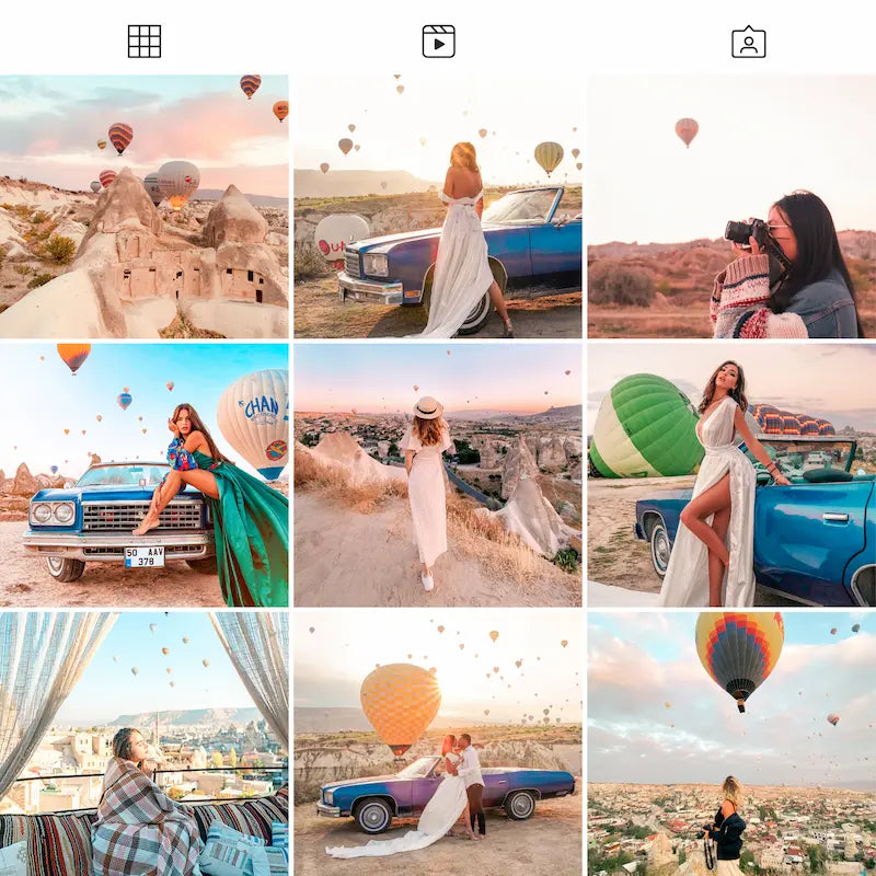 Photo grid preview edited with Cappadocia Lightroom presets showing consistent warm travel tones across landscapes and portraits