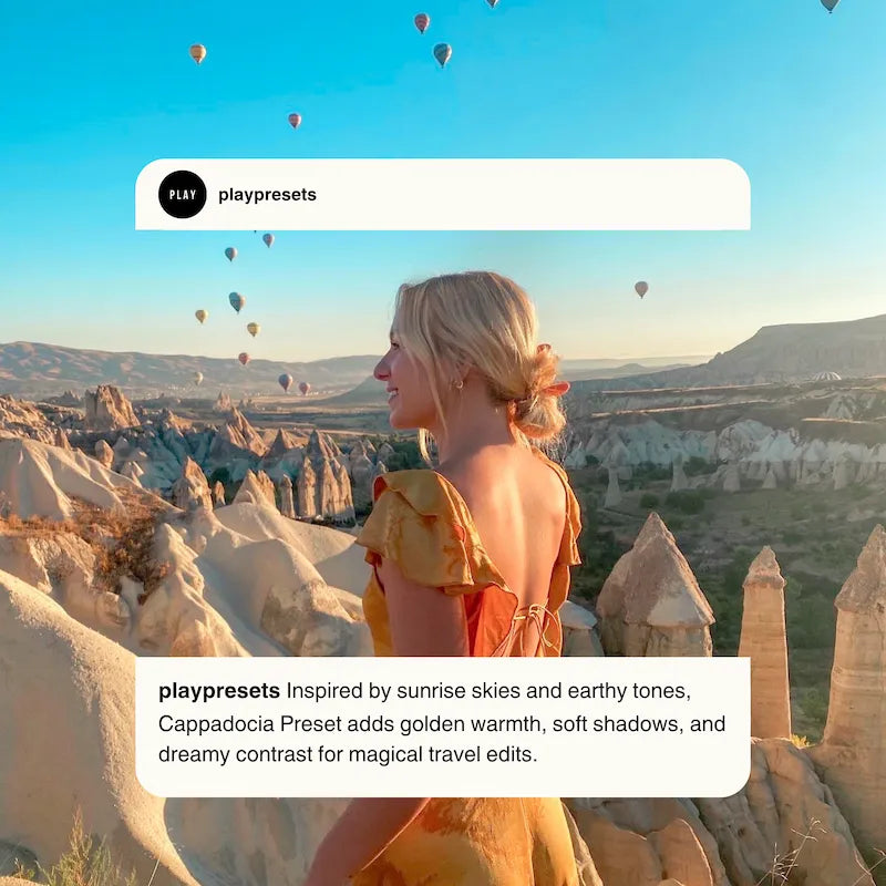 Travel portrait edited with Cappadocia Lightroom presets featuring warm orange tones and dramatic Cappadocia scenery