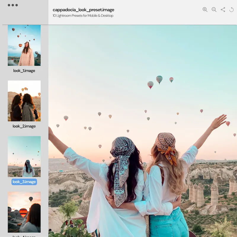 Preset variations preview edited with Cappadocia Lightroom presets showing different travel scenes with warm cinematic color