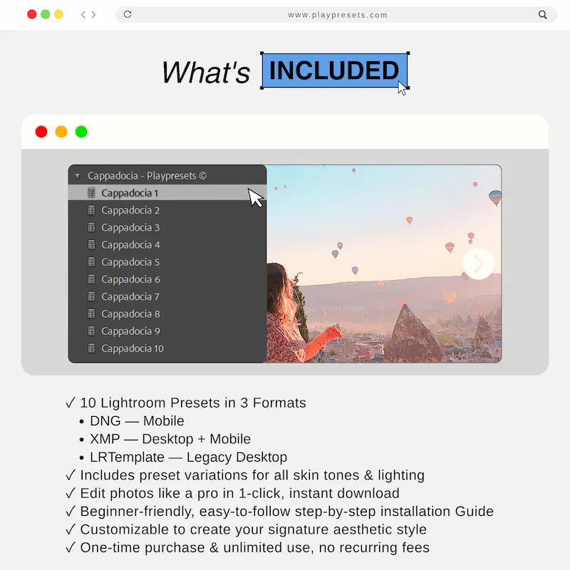 What’s included in Cappadocia Lightroom presets collection showing 10 presets and files for mobile and desktop