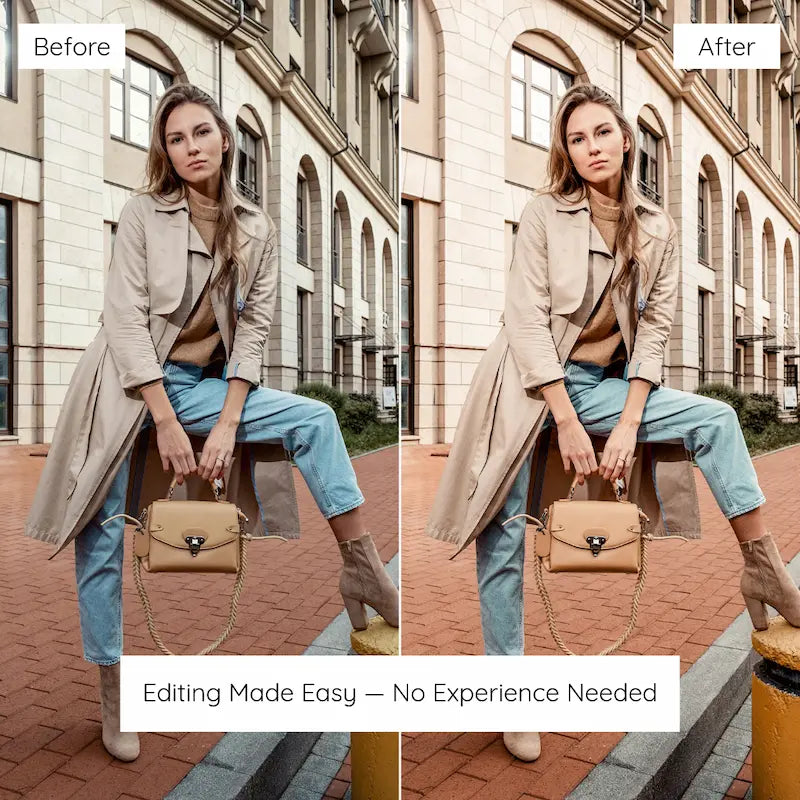 Before and after fashion portrait edited with Caramel Lightroom presets showing warm brown tones and creamy natural skin