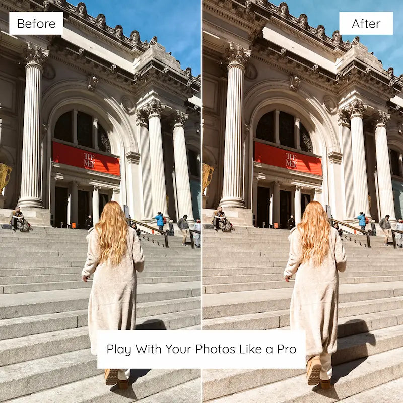 Before and after travel photo edited with Caramel Lightroom presets showing soft golden highlights and cozy warm colors