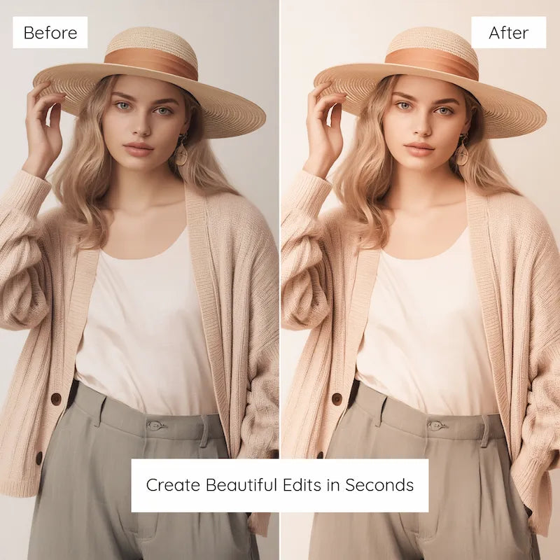 Before and after portrait edited with Caramel Lightroom presets showing creamy skin tones and balanced warm contrast
