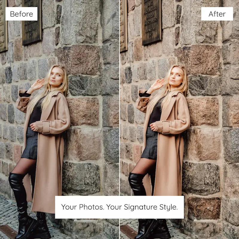 Before and after lifestyle portrait edited with Caramel Lightroom presets showing rich caramel tones and polished natural colors