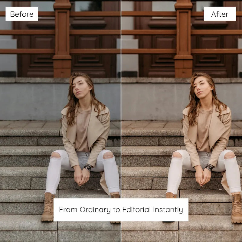 Before and after outdoor fashion photo edited with Caramel Lightroom presets showing cozy golden warmth and soft beige tones