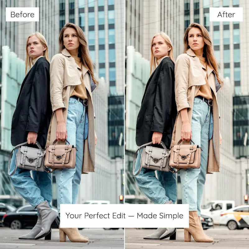 Before and after street style portrait edited with Caramel Lightroom presets showing warm brown tones and creamy color depth