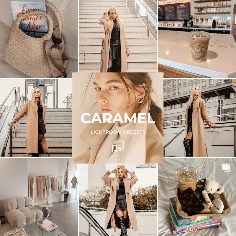 Caramel Lightroom presets cover image showing warm brown tones and cozy lifestyle aesthetic