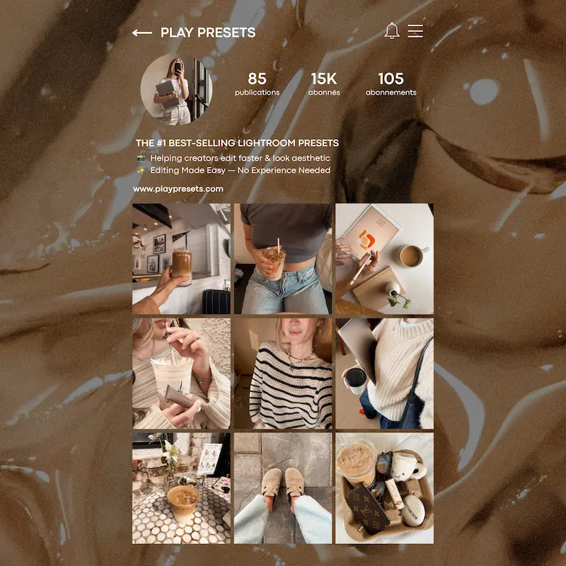 Instagram feed preview edited with Caramel Lightroom presets showing cohesive warm brown tones and lifestyle content