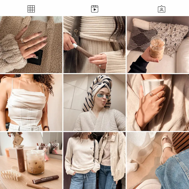 Photo grid preview edited with Caramel Lightroom presets showing consistent warm brown tones across fashion and lifestyle photos