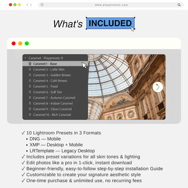 What’s included in Caramel Lightroom presets collection showing preset files and variations for mobile and desktop