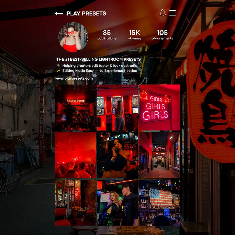 Instagram feed preview edited with CineStill 800T Lightroom presets showing a cohesive neon night and analog film aesthetic