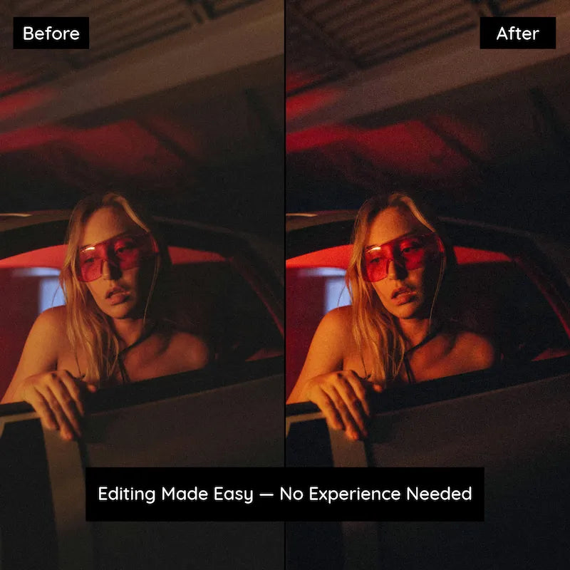 Before and after low-light portrait edited with CineStill 800T Lightroom presets showing warm tungsten glow and moody shadows