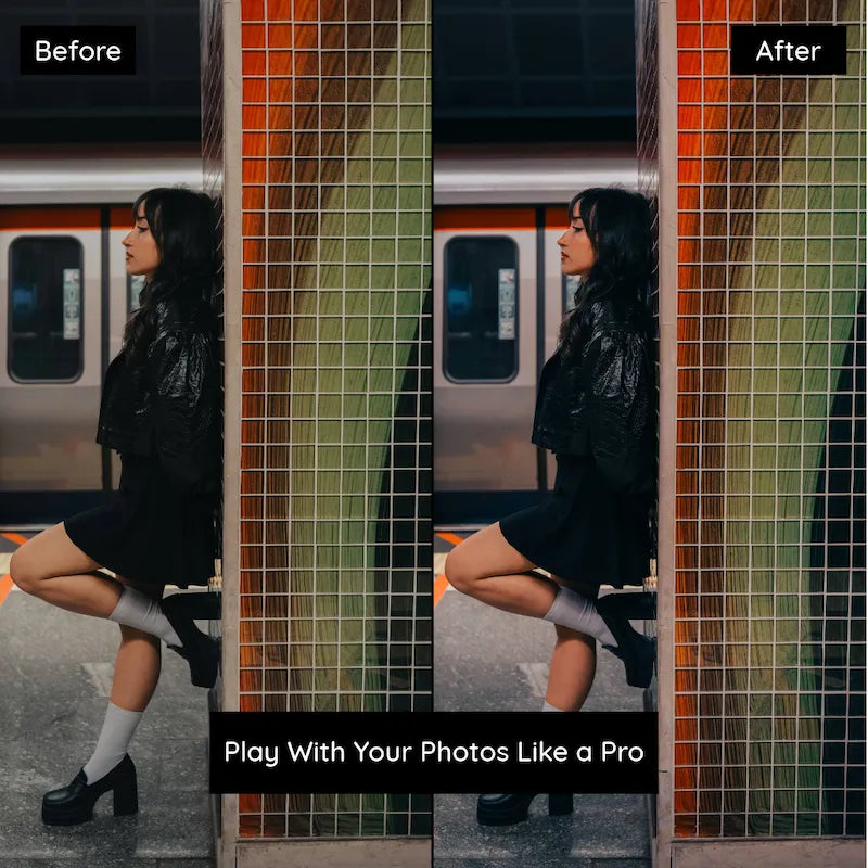 Before and after subway portrait edited with CineStill 800T Lightroom presets featuring cinematic color and cool urban shadows
